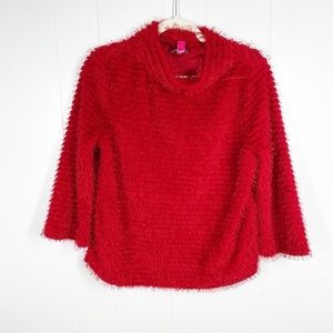 Vince Camuto Red All Over Eyelash Fringe Striped Long Sleeve Mock Neck Top Small